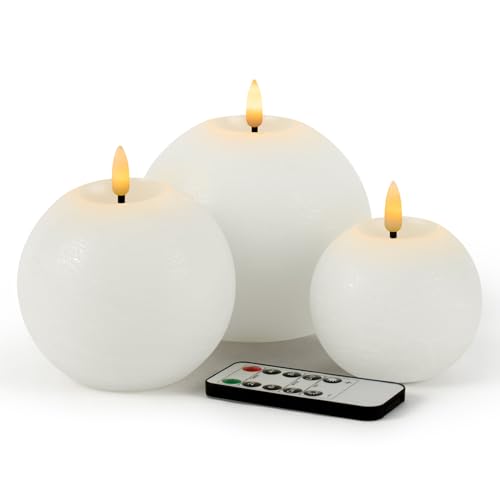 WinsTime LED-Kugelkerzen Flammenlose Kerzen mit Fernbedienung Timer Funktion, Batteriekerzen, Weiß LED Kugelkerzen, tanzender Flamme, echtem Wachs, 3er-Set von WinsTime