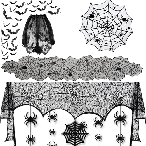 41-teiliges Halloween-Dekorationsset, Spitze, runde Tischaufsatz, Halloween-Party-Dekoration, Kamin, Schal mit 36 gruseligen 3D-Fledermaus-Wänden, Spinnen-Lampenschirm und Spinnennetz, für von Winsegom