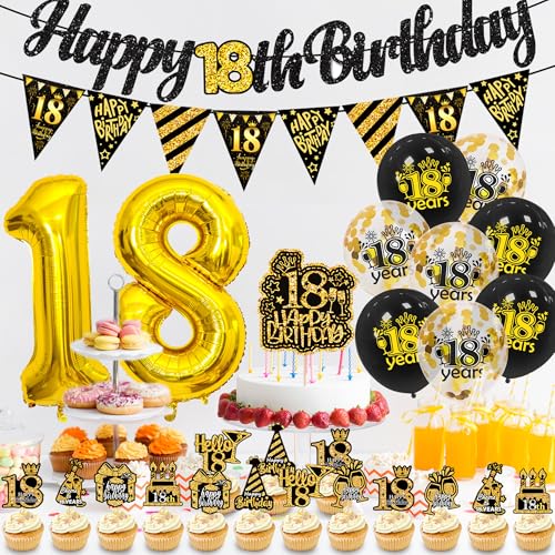 Banner Set Happy Birthday, 18 Geburtstag Party Luftballons Dekorationen, Schwarz Gold Party Dekorationen mit Bannern Luftballons Dreieck Flaggen Kuchen Topper für Erwachsene Männer Frauen von Winsegom