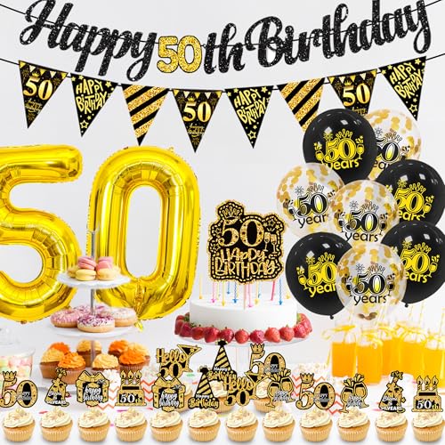 Banner Set Happy Birthday, 50 Geburtstag Party Luftballons Dekorationen, Schwarz Gold Party Dekorationen mit Bannern Luftballons Dreieck Flaggen Kuchen Topper für Erwachsene Männer Frauen von Winsegom