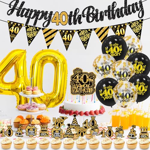 Banner-Set "Happy Birthday", Party-Ballondekorationen zum 40. Geburtstag, Party-Dekorationen mit Bannern, Luftballons, Dreiecksflaggen, Kuchenaufsatz für Erwachsene, Männer, Frauen von Winsegom