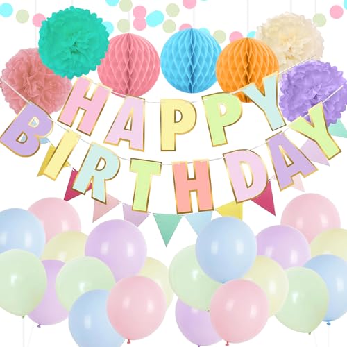 Geburtstag Party Set Mädchen, Pastell Geburtstag Luftballons Set, Party Dekorationen für Mädchen mit Banner Ballons Tissue Pom-Poms Wabenbälle Wimpelkette Ziehen Blume für Indoor Outdoor von Winsegom