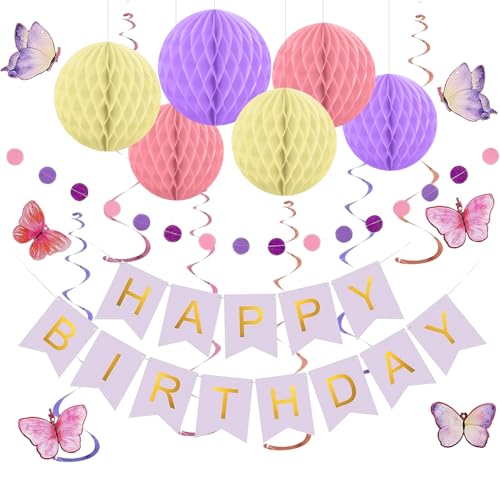 Geburtstags-Schmetterlings-Set, Happy Birthday Banner Set Mädchen, 6-teiliges Party-Wabenbälle-Set, violette Party-Dekorationen mit Kreis-Punkt-Girlande, hängende Wirbelschlangen für Mädchen und von Winsegom