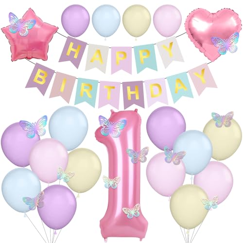 Pastellfarbenes Ballon-Set zum 1. Geburtstag, Ballon-Banner-Set, Nummer 1, Party-Dekorationen mit Schmetterlings-Banner, Stern-Herz-Luftballons für Kinder, Mädchen, Baby, 1 Jahr, Party-Dekoration von Winsegom