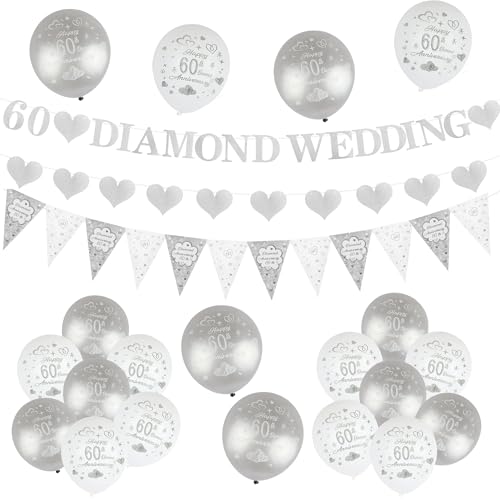 Winsegom Ballon-Set zur 60. Hochzeit, silberfarben, 60. Hochzeitstag, Dekoration, Banner, Glitzer-Jubiläumsbanner, Luftballons, Wimpelkette, Flagge, Luftballons für Partyzubehör von Winsegom