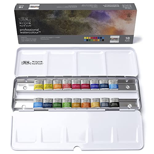 Winsor & Newton 0190100 Professional Aquarellfarbe, lebendige Wasserfarben in Künstlerqualität, hohe Farbbrillanz & Leuchtkraft, lichtecht, Archivqualität - Metall-Reisekasten 18 Farben in 1/2 Näpfen von Winsor & Newton