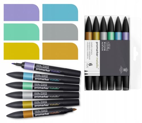 Winsor & Newton 0290135 ProMarker Metallic, Professioneller Layoutmarker - 2 Spitzen, fein und breit für Zeichnungen, Design und Layouts - 6 Metallic Farben im Set von Winsor & Newton