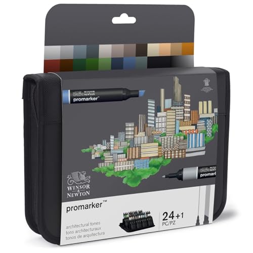 Winsor & Newton 0290163​ ProMarker, Professioneller Layoutmarker - 2 Spitzen, fein und breit für Zeichnungen, Design und Layouts - Architektur Set 25 Stifte von Winsor & Newton