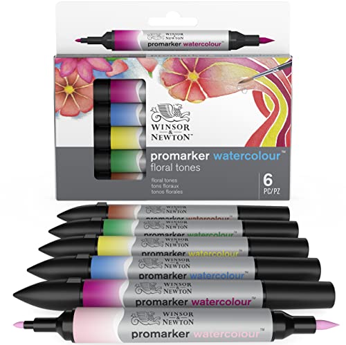 Winsor & Newton 0290166 ProMarker Aquarellmarker - 2 Spitzen, Pinsel- und feiner Spitze, lichtecht, hochpigmentierte Aquarellfarben im Marker für Kalligrafie, Zeichnungen, 6 Farben Set Blumige Töne Winsor & Newton 0290166 ProMarker Aquarellmarker - 2 Spitzen, Pinsel- und feiner Spitze, lichtecht, hochpigmentierte Aquarellfarben im Marker für Kalligrafie, Zeichnungen, 6 Farben Set Blumige Töne von Winsor & Newton