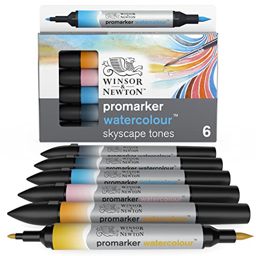 Winsor & Newton 0290168​ ProMarker Aquarellmarker - 2 Spitzen, Pinsel- und feiner Spitze, lichtecht, hochpigmentierte Aquarellfarben im Marker für Kalligrafie, Zeichnungen, 6 Farben Set Himmelstöne von Winsor & Newton