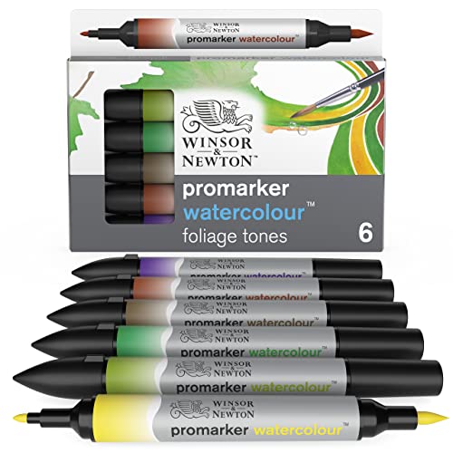 Winsor & Newton 0290169 ProMarker Aquarellmarker - 2 Spitzen, Pinsel- und feiner Spitze, lichtecht, hochpigmentierte Aquarellfarben im Marker für Kalligrafie, Zeichnungen, 6 Farben Set Blatt Töne Winsor & Newton 0290169 ProMarker Aquarellmarker - 2 Spitzen, Pinsel- und feiner Spitze, lichtecht, hochpigmentierte Aquarellfarben im Marker für Kalligrafie, Zeichnungen, 6 Farben Set Blatt Töne von Winsor & Newton