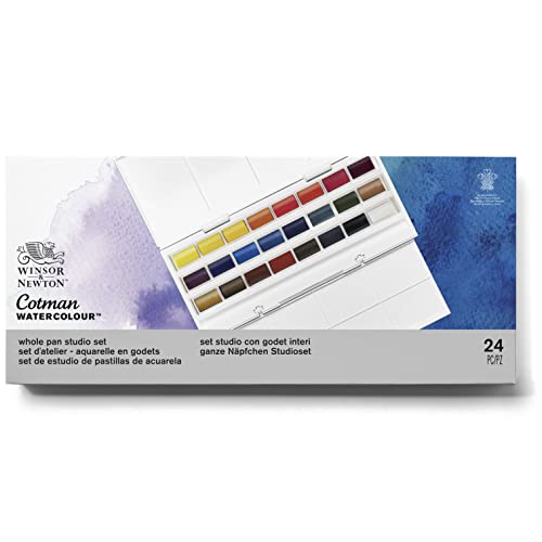 Winsor & Newton 0390084 Cotman Studio Aquarellfarben Set, lebendige Wasserfarben mit hoher Lichtechtheit, große Farbauswahl, Alterungsbeständig - 24 Farben in ganzen Näpfen, Mischpalette von Winsor & Newton