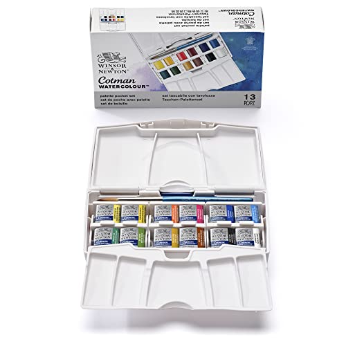 Winsor & Newton 0390373 Cotman Pocket Plus Aquarellfarben Set, lebendige Wasserfarben mit hoher Lichtechtheit, große Farbauswahl, Alterungsbeständig - 12 Farben in 1/2 Näpfen, Mischpalette, Pinsel von Winsor & Newton