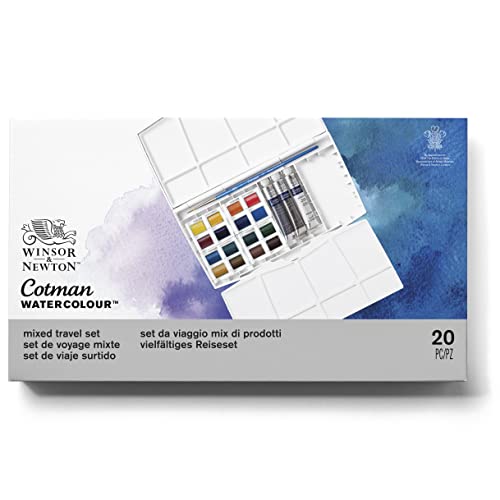 Winsor & Newton 0390375 Cotman Painting Box Aquarellfarben Set, lebendige Wasserfarben mit hoher Lichtechtheit, große Farbauswahl, Alterungsbeständig - 16 Farben in 1/2 Näpfen, 3 Farben in 5ml Tuben von Winsor & Newton