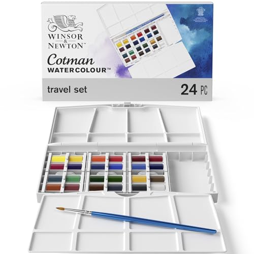 Winsor & Newton 0390376 Cotman Aquarellfarben Painting Plus Set, 24 lebendige Wasserfarben aus hochwertigen Pigmenten in 1/2 Näpfen mit Pinsel und Mischpalette von Winsor & Newton