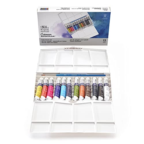 Winsor & Newton 0390377 Cotman Aquarellfarbe Painting Plus Set , 12 lebendige Wasserfarben aus hochwertigen Pigmenten mit sehr guter Farbbrillanz in 8ml Tuben mit Pinsel und Mischpalette von Winsor & Newton