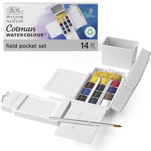 Winsor & Newton 0390639 Cotman Field Box Aquarellfarben Set, lebendige Wasserfarben mit hoher Lichtechtheit, große Farbauswahl, Alterungsbeständig - 12 Farben in 1/2 Näpfen, Mischpalette, Wassertank von Winsor & Newton