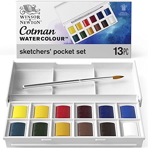 Winsor & Newton 0390640 Cotman Sketchers Pocket Box Aquarellfarbe, 12 hochwertige Wasserfarben in 1/2 Näpfen, 1 Pinsel, 1 Mischpalette von Winsor & Newton
