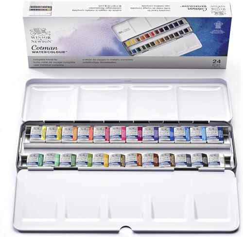 Winsor & Newton 0390645 Cotman Aquarellfarben Metal Sketch Box, 24 lebendige Wasserfarben aus hochwertigen Pigmenten in 1/2 Näpfen mit Mischpalette von Winsor & Newton