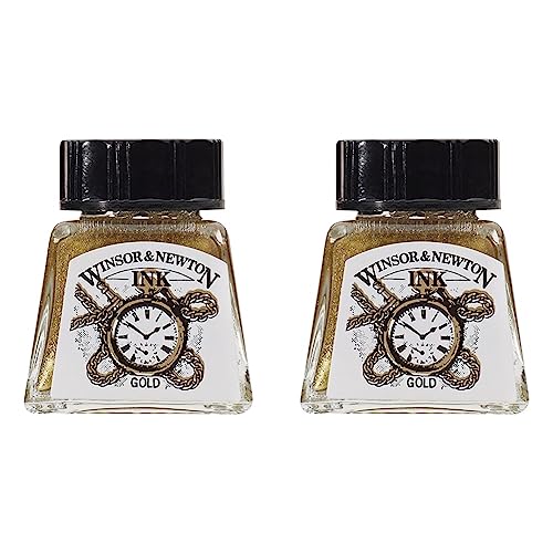 Winsor & Newton 1005283 Drawing Inks - Zeichentusche für Kalligraphen, Illustratoren, Grafikern, Künstler - wasserbeständige Farben, herrvorragender Transparenz, 14ml Flasche - Gold (Packung mit 2) von Winsor & Newton