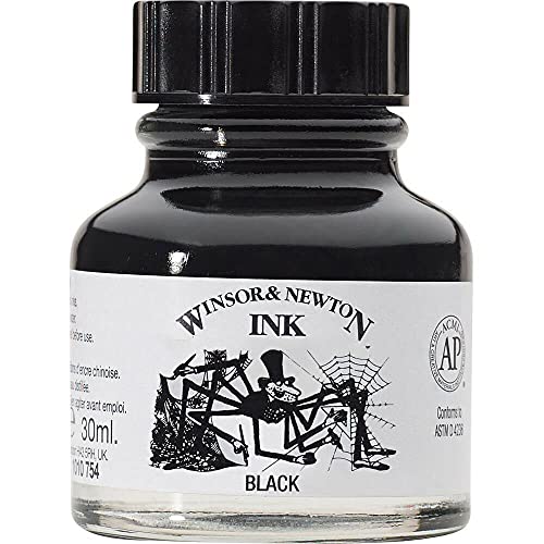 Winsor & Newton 1010030 Drawing Inks - Zeichentusche für Kalligraphen, Illustratoren, Grafikern, Künstler - wasserbeständige Farben, herrvorragender Transparenz, 30ml Flasche - Schwarz (Indisch) von Winsor & Newton