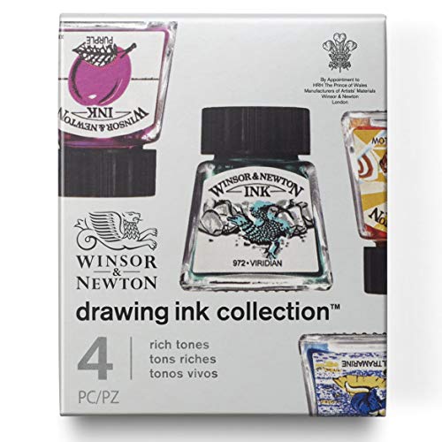 Winsor & Newton 1090104 Zeichentusche Set, 4 Farben, wasserbeständig für Illustratoren, Grafikern, Kalligraphen und Künstler - Purpur / Ultramarin / Sonnengelb / Viridian von Winsor & Newton