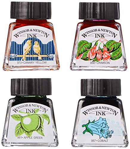 Winsor & Newton 1090105 Zeichentusche Set, 4 Farben, wasserbeständig für Illustratoren, Grafikern, Kalligraphen und Künstler - Kobaltblau / Apfelgrün / Kanariengelb / Karmesinrot von Winsor & Newton