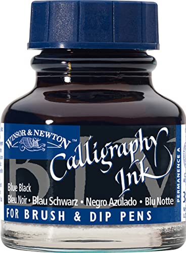 Winsor & Newton 1111034 Kalligraphie Tuschen (für Füllfederhalter oder Schreibfedern, untereinander mischbar, lichtecht, beständige Farbe) 30 ml Flasche blauschwarz von Winsor & Newton