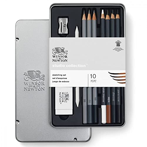 Winsor & Newton 490010 Skizzierstifte Set - 10 teilig - 3 Bleistifte - 2B, 6B, 8B, 4 Zeichenstifte, charcoal, Pierre noire, Sepia , white charocoal, Papierwischer, Radiergummi, Spitzer von Winsor & Newton