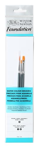 Winsor & Newton 5295012 Foundation Pinselsets, Aquarellpinsel, 3er Set, Rundpinse Nr. 3, Flachpinsel Nr.1, 2 -kurzer Stiel, Pinsel für Aquarellfarbe von Winsor & Newton