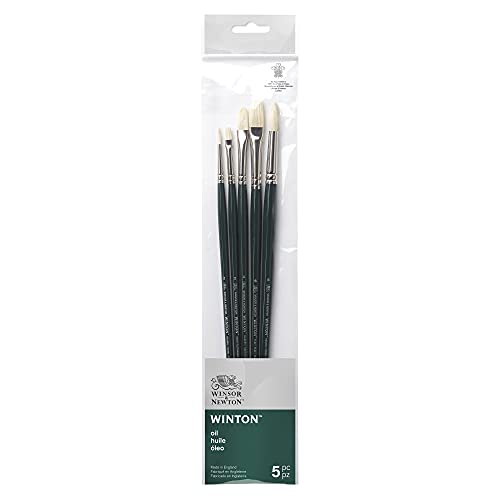 Winsor & Newton 5990611 Winton Pinsel Sets für Ölfarbe, Acrylfarbe und Alkydfarbe - 5 Pinselset - Rundpinsel Nr.2, Nr. 6, Flachpinsel Nr. 6, Flachpinsel kurz Nr. 2, Filbertpinsel Nr. 4 von Winsor & Newton