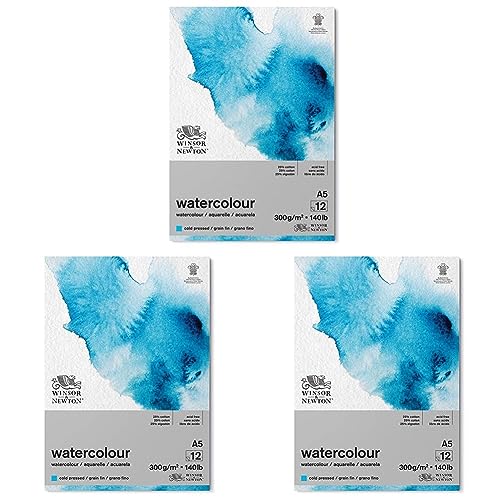 Winsor & Newton 6667008 Aquarellpapier, Mischung von 25% Baumwolle und Zellulosefasern hergestellt, helles natürliches weiße, DIN A5-12 Blatt Classic, 300g/m² (Packung mit 3) von Winsor & Newton