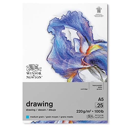 Winsor & Newton 6689746 Zeichenpapier im Block - 25 Blatt A5, 220g/m², mittlere Körnung, natürliches Weiß, säurefrei, Alterungsbeständig, Ideal für Bleistift, Buntstift, Pastell und Kohle von Winsor & Newton