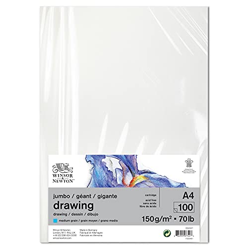 Winsor & Newton 6690007 Bogen Zeichenpapier - 100 Blatt A4, 150g/m², mittlere Körnung, natürliches Weiß, säurefrei, Alterungsbeständig, Ideal für Bleistift, Buntstift, Pastell und Kohle von Winsor & Newton