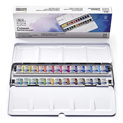 Winsor & Newton 0390645 Cotman Aquarellfarben Metal Sketch Box, 24 lebendige Wasserfarben aus hochwertigen Pigmenten in 1/2 Näpfen mit Mischpalette von Winsor & Newton