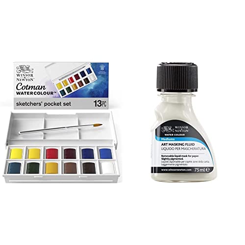 Winsor & Newton Cotman Sketchers Pocket Box Aquarellfarben Set mit entfernbarem Maskiermedium 75ml - 12 hochwertige Wasserfarben in 1/2 Näpfen, 1 Pinsel, 1 Mischpalette + Maskiermedium 75ml von Winsor & Newton
