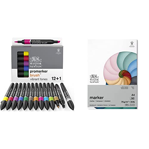 Winsor & Newton ProMarker Brush Set - 13 Marker mit Pinselspitze & Markerpapier im Block - 50 Blatt DIN A4, 75g/m im Starterset für Layout- & Entwurfstechnik, Illustrationen, Scribbles & Storyboards von Winsor & Newton