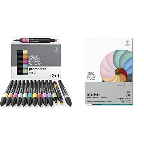 Winsor & Newton ProMarker Set - 13 Marker & Markerpapier im Block - 50 Blatt DIN A4, 75g/m im Starterset für Layout- & Entwurfstechnik, Illustrationen, Scribbles & Storyboards von Winsor & Newton