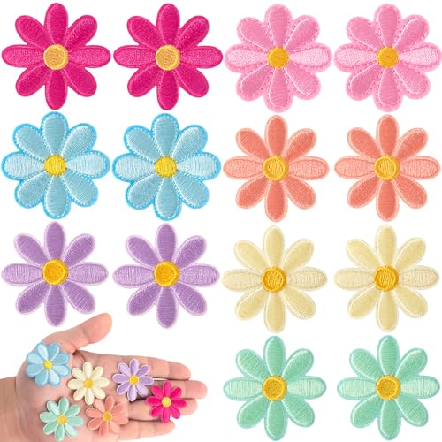 Winsyison 14 x Blumen-Aufnäher zum Aufbügeln, bunt bestickte Gänseblümchen-Applikationen, niedliche Blumenapplikation, Reparaturflicken, Nähzubehör für Kleidung, Jeans, Jacken, Hemden, Taschen, 7 von Winsyison