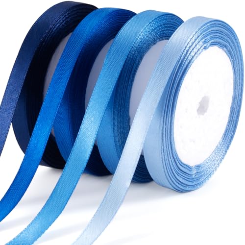 Winsyison 4 Rollen blaues Satinband, Stoffband für Blumenstrauß, Verpackung, Rosen, Polyester-Dekorationen für Urlaub, Hochzeit, Geburtstag, Abschlussfeier, 4 Farben von Winsyison