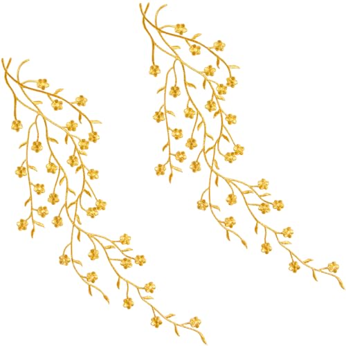 Winsyison Goldene bestickte Aufnäher mit Blumenmuster, zum Aufbügeln auf Pflaumenblüten, zum Nähen, Verzieren, Basteln, Dekoration, Zubehör für Kleidung, Kleider, Hemden, Handwerk, 2 Stück von Winsyison