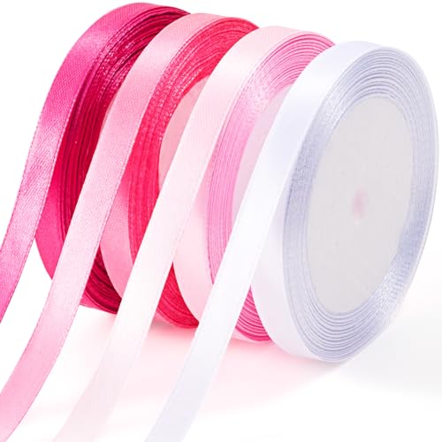 Winsyison Satinband, Stoffband für Blumenstrauß, Verpackung, Rosen, Polyester-Dekorationen für Urlaub, Hochzeit, Geburtstag, Abschlussfeier, Weiß & Hellrosa & Rosa & Dunkelrosa von Winsyison
