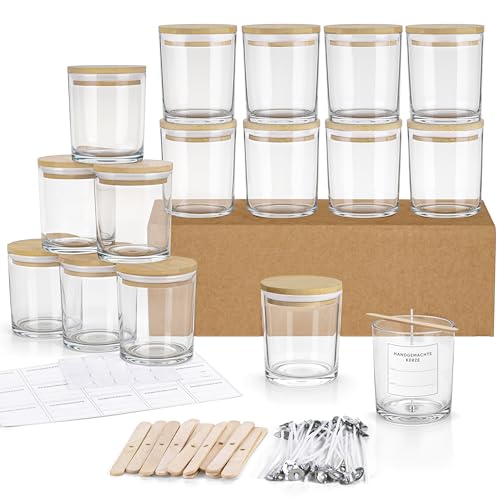 Winter Shore 300 ml Glaszylinder für Kerzen (16er-Pack) - Kerzen Glas Leer zum Gießen, Hochwertige Leere Kerzengläser mit Deckel aus Bambus, Dochten & Etiketten - Candle Jars Leer zum Gießen von Winter Shore