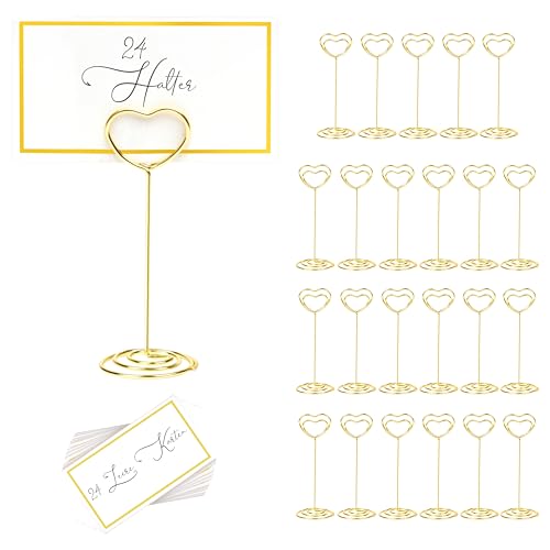 Winter Shore Herz-Tischkartenhalter Gold (24er-Pack) - Inklusive 24 Leere Tischkarten - Kartenhalter Tisch aus Metalldraht für Hochzeit, Party, Restaurant - 3,2 x 8,5 cm Halter, 8,4 x 4,8 cm Karten von Winter Shore
