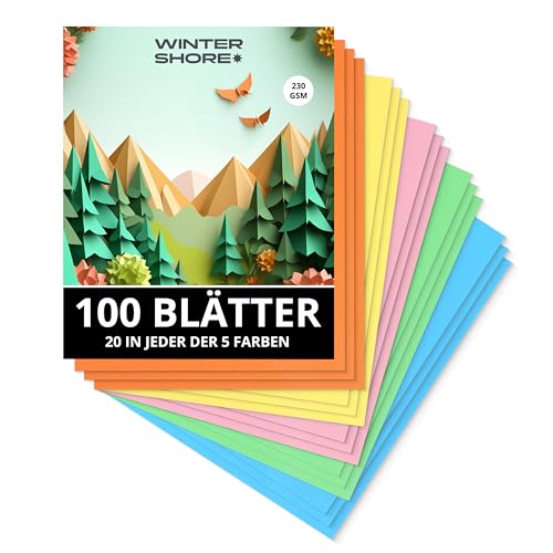Winter Shore Sortiertes Pastellpapier A4 (100er-Pack) - 230 g/m² Dickes Tonpapier A4 - Doppelseitiges Bastelpapier Bunt für Kunst, Kartendruck, Scrapbooking - Für Drucker Geeignet, 21 x 29,7 cm von Winter Shore