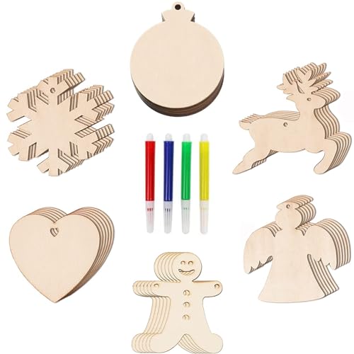 36 Stück Weihnachtskugeln Holzanhänger mit Juteseil & Marker,DIY Weihnachten Deko Holz zum Bemalen,6 Weihnachtsmuster Holz Ornament Kit von Winwild