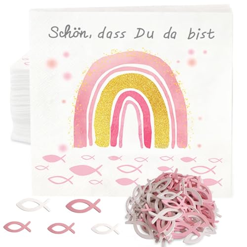 Servietten Taufe Deko,32 Servietten Konfirmation Regenbogen Fisch Rosa+60 Holz Fische Taufdeko Mädchen, 'Schön, dass du da bist!' Servietten Kommunion 3-Lagig Papierservietten Tischdeko 33x33cm Servietten Taufe Deko,32 Servietten Konfirmation Regenbogen Fisch Rosa+60 Holz Fische Taufdeko Mädchen, 'Schön, dass du da bist!' Servietten Kommunion 3-Lagig Papierservietten Tischdeko 33x33cm von Winwild