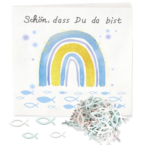 Servietten Taufe Deko Junge,32 Servietten Konfirmation Regenbogen Fisch Blau+60 Holz Fische Taufdeko,3-Lagig Papierservietten Kommunion Deko 'Schön, dass du da bist!' Servietten Tischdeko 33x33cm Servietten Taufe Deko Junge,32 Servietten Konfirmation Regenbogen Fisch Blau+60 Holz Fische Taufdeko,3-Lagig Papierservietten Kommunion Deko 'Schön, dass du da bist!' Servietten Tischdeko 33x33cm von Winwild