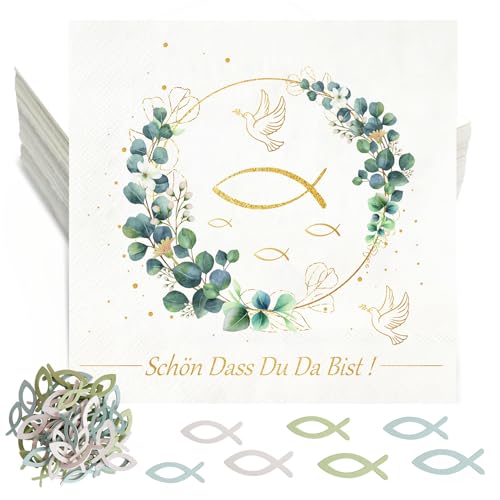 Servietten Taufe Eukalyptus Fisch,36 Servietten Kommunion Deko+60 Holz Fische Taufdeko,'Schön, dass du da bist!' Servietten Konfirmation Tischdeko Mädchen Junge,3-Lagig Papierservietten 33x33cm Servietten Taufe Eukalyptus Fisch,36 Servietten Kommunion Deko+60 Holz Fische Taufdeko,'Schön, dass du da bist!' Servietten Konfirmation Tischdeko Mädchen Junge,3-Lagig Papierservietten 33x33cm von Winwild