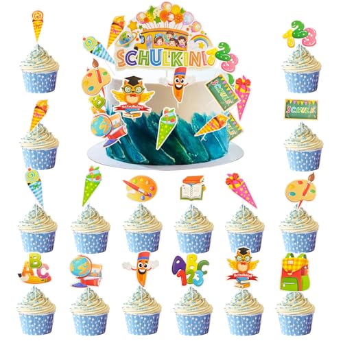 Tortendeko Einschulung 38 Stück SCHULKIND Tortendeko Zuckertüte Kuchendeko Schulanfang ABC 123 Cake Topper Einschulung Tortenaufleger Schultüte Cupcake Topper für Schulanfangparty Mädchen Junge von Winwild